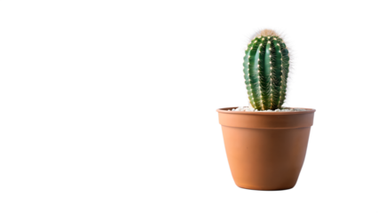 A small green cactus in a brown terracotta pot isolated on transparent background, a popular houseplant for adding a touch of desert to your home decor