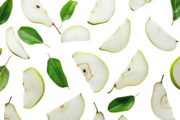 Fresh green apple slices and vibrant leaves arranged artistically on a light background for a healthy culinary presentation isolated on transparent background