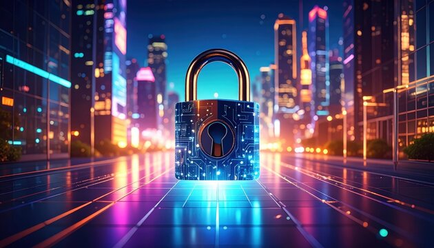 Digital padlock glowing on a futuristic cityscape background, cyber security, data protection, privacy technology. - Powered by Adobe