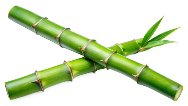 Two crossed bamboo stalks with vibrant green leaves, isolated on transparent background, creating a visually appealing and balanced composition of natural elements