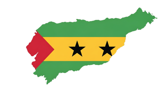 Map of sao tome and principe with flag isolated on transparent background the flag features green, yellow, and red fields with two black stars the country is an island nation in the gulf of guinea