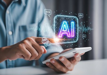 Close-up of a person interacting with a smartphone, highlighting AI technology and communication, creating a futuristic vibe.