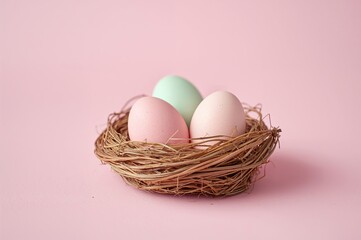 Nest of pastel-colored eggs with pink and mint shades against a pink backdrop, celebrating Easter