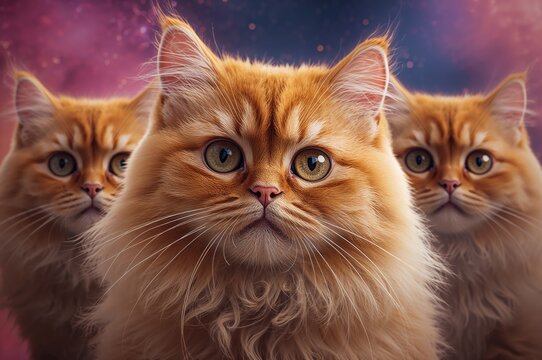 Adorable orange feline with expressive eyes in a cosmic setting