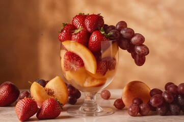 Tasty mixed fruit dessert featuring berries, tropical slices, and grapes