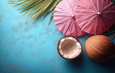 Tropical coconut and pink cocktail umbrellas on textured turquoise surface