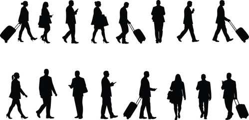 Business people walking with luggage, corporate travelers silhouettes, professional journey, airport commute, business lifestyle, travel concept, executive mobility