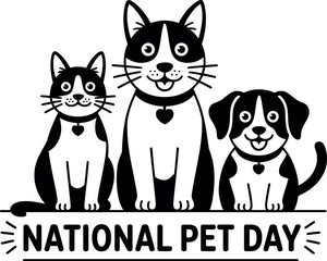 Joyful illustration of a cat, a dog, and a kitten celebrating National Pet Day with a festive banner.