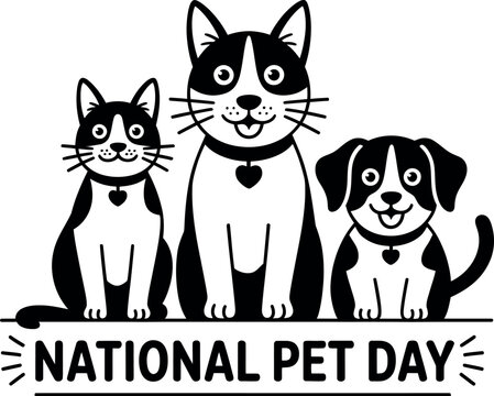 Joyful illustration of a cat, a dog, and a kitten celebrating National Pet Day with a festive banner.