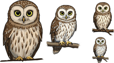 Owl illustration, cartoon bird, wildlife drawing, perched animal, forest branch, nocturnal character, nature artwork, feather pattern, woodland design, cute owl art