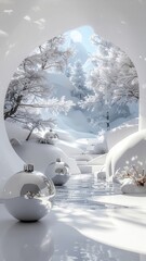 A surreal holiday scene with Christmas baubles in front of a window showing a snowy mountain landscape.