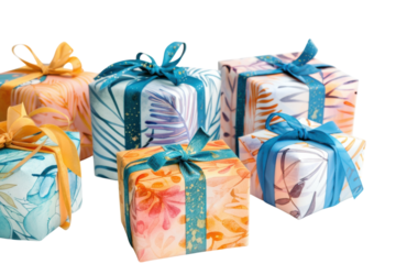 Colorful gift boxes adorned with ribbons resting on a light background, ready for holiday celebrations or special occasions isolated on transparent background