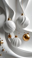 An abstract and artistic vertical wallpaper with white and gold baubles and a splash of gold paint.