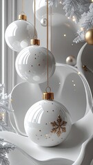 A vertical phone wallpaper of delicate white Christmas baubles with snowflake designs, hanging gracefully.