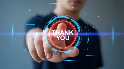 Man touching thank you button on virtual screen with his finger