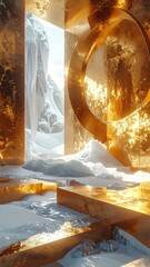 An artistic and surreal New Year visual featuring abstract golden ice structures and reflections.