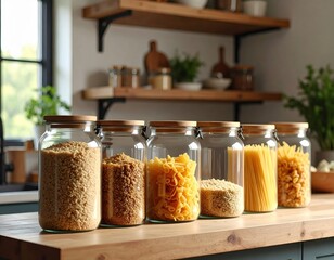Assortment of grains and pasta stored in glass jars on wooden kitchen counter, home organization and zero waste concept.