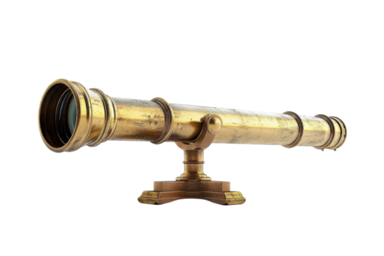 A vintage brass telescope resting elegantly on a wooden pedestal, inviting exploration of distant horizons isolated on transparent background