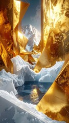 A surreal, artistic visual of a passage through golden, crystalline ice structures, with a frozen, reflective floor.