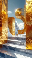 A futuristic and abstract New Year visual with floating golden structures and orbs over a minimal, icy landscape.