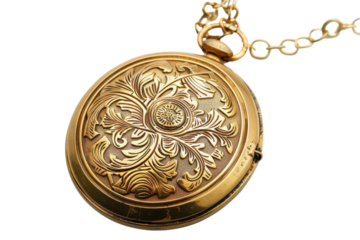 An intricately designed vintage pocket watch showcasing ornate floral engravings, hanging elegantly on a delicate chain under soft lighting isolated on transparent background