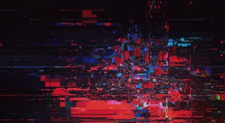 Abstract digital glitch art with red and blue fragmented shapes
