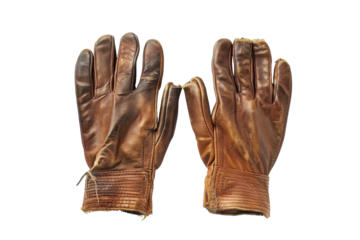 Worn brown leather gloves resting side by side on a white surface, showcasing their rugged texture and character from years of use isolated on transparent background
