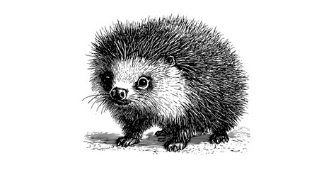 a black and white drawing of a cute hedgehoganimal, drawing, hedgehog, illustration, stand 