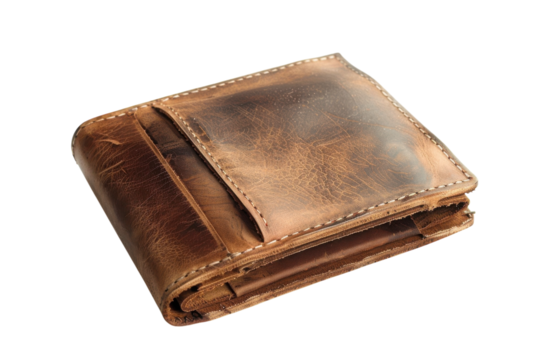 Stylish brown leather wallet resting on a white surface during morning light, showcasing craftsmanship and elegance in everyday essentials isolated on transparent background