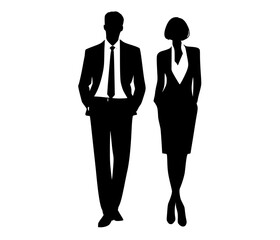 a silhouette of a man and a woman standing side by side, both dressed in formal attireblack, business suit, businessman, couple, dress, man, profile, stand, suit, tie, woman 