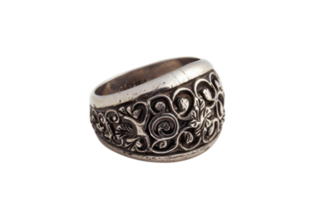 Intricate silver ring with floral designs captured on a neutral background showcasing fine craftsmanship and artistic details isolated on transparent background