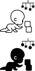 Baby Icons. Black and White Vector Illustrations. Young Child Playing with Toys. Family and Children Concept