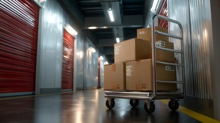 Moving boxes on cart in self storage facility corridor