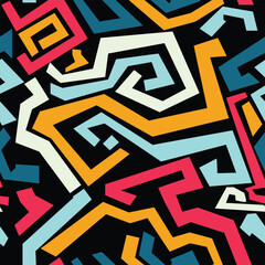 Abstract Maze of Colorful Geometric Shapes Seamless Pattern