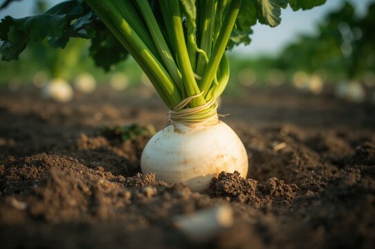 Close-up of a radish growing in a natural farm field