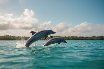 Fototapeta premium Two dolphins leaping above the waves