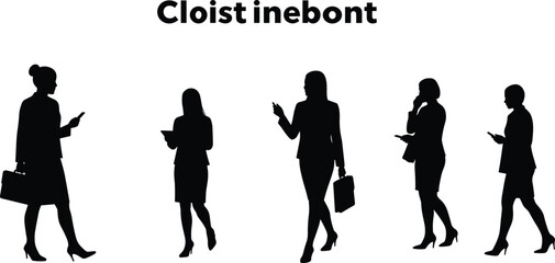 Businesswomen silhouettes, walking professionals, office ladies with briefcases, executives on mobile, corporate lifestyle, workplace illustration poses