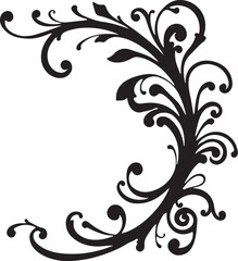 Abstract vector floral design elements featuring ornate black vintage flower and leaf silhouette scroll borders