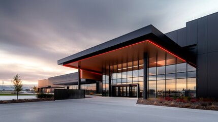 Fototapeta premium Modern building exterior with glass facade reflecting sunset