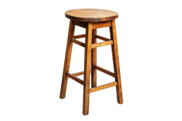 A rustic wooden stool stands alone against a bright, white background, inviting warmth and simplicity into any cozy space isolated on transparent background