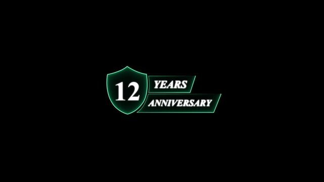 12 Years Anniversary Shield Logo With Neon Glow twelve . Glowing neon animation and 4k video.