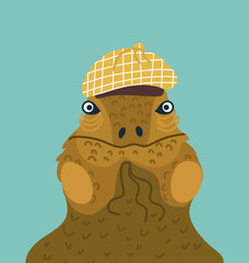 Iguana character avatar, wearing a cap, hat. Hand drawn vector illustration.