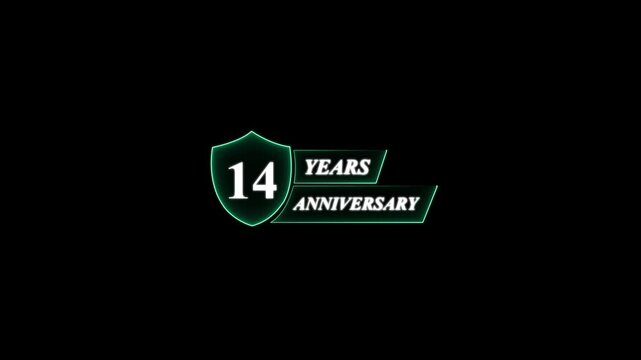 14 Years Anniversary Shield Logo With Neon Glow fourteen . Glowing neon animation and 4k video.