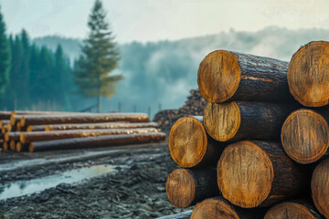 Sturdy logs are stacked at a logging area with misty trees in the background, showcasing a peaceful early morning atmosphere