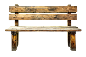 A weathered wooden bench inviting rest in a tranquil outdoor setting amidst nature’s calm during a sunny afternoon isolated on transparent background