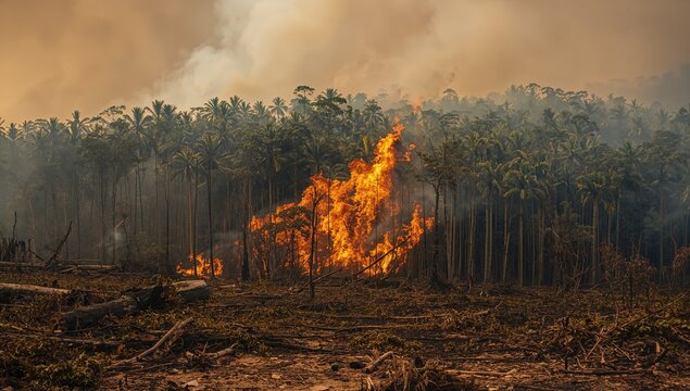 Clearing and burning forest land for palm oil production causes smoke and fire
