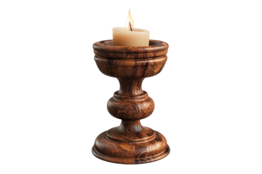 A beautifully crafted wooden candle holder with a lit candle, casting a warm glow, resting on a clean, minimalist surface isolated on transparent background