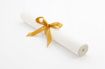 Certificate wrapped with a golden ribbon against a white backdrop