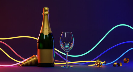 Party background. Creative design with realistic 3d festive objects, bottle champagne wine with glass. Colorful ultraviolet holographic neon lights. Creative concep