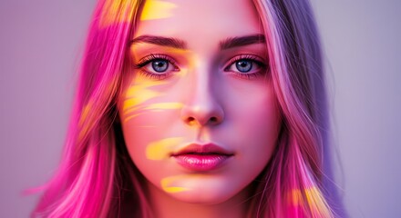 Naklejka premium Female Portrait Illuminated with Pink and Yellow Neon